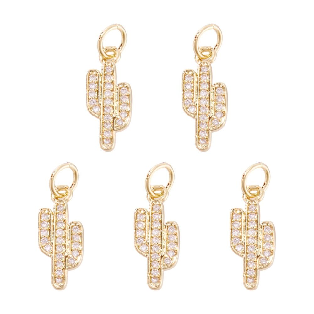 3803 5Pcs Cubic Zirconia Cactus Charms Golden Plated Brass Golden Charms